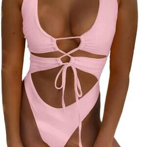 Chyrii Sexy Cutout Lace Up Backless High Cut One Piece Swimsuit Pink Womens M